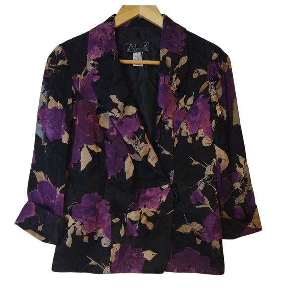 Alex Evenings Jackets & Blazers - Alex Evenings Jacket Blazer Black Purple Floral Small 3/4 Sheer Sleeves